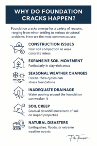 Infographic explaining why foundation cracks happen, showing causes like poor construction, soil movement, seasonal weather changes, drainage issues, and natural disasters